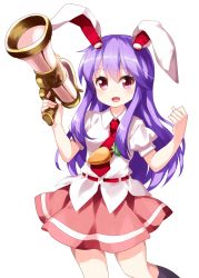Rule 34 | 1girl, :d, animal ears, highres, long hair, looking at viewer, lunatic gun, necktie, open mouth, pink skirt, puffy short sleeves, puffy sleeves, purple hair, rabbit ears, red eyes, red necktie, reisen udongein inaba, ruu (tksymkw), shirt, short sleeves, simple background, skirt, smile, solo, touhou, white background, white shirt