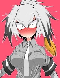 Rule 34 | 10s, 1girl, absurdres, mismatched irises, bad id, bad pixiv id, black hair, blush, breast pocket, breasts, closed mouth, collared shirt, commentary request, constricted pupils, eyes visible through hair, grey hair, grey shirt, hair between eyes, highres, impossible clothes, impossible shirt, kemono friends, layered sleeves, long hair, long sleeves, low ponytail, multicolored hair, necktie, no nose, nose blush, nuka cola06, orange hair, pocket, shirt, shoebill (kemono friends), short over long sleeves, short sleeves, side ponytail, simple background, solo, sweat, nervous sweating, tsurime, upper body, v-shaped eyebrows, wavy mouth, white necktie, wing collar