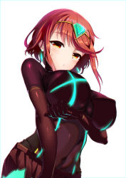 Rule 34 | 1girl, absurdres, blush, breast hold, breasts, covered navel, earrings, fingerless gloves, gloves, haapi jang p, highres, jewelry, large breasts, looking at viewer, nintendo, pyra (xenoblade), red eyes, red hair, shiny clothes, short hair, sidelocks, skin tight, skindentation, solo, tiara, upper body, white background, xenoblade chronicles (series), xenoblade chronicles 2