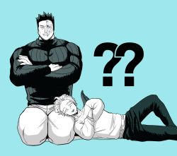 Rule 34 | 2boys, ?, ??, aqua theme, bara, blonde hair, blue eyes, boku no hero academia, bulge, casual, couple, crossed arms, endeavor (boku no hero academia), facial hair, feathered wings, greyscale with colored background, haruto (hit23ewluvnpfo6), hawks (boku no hero academia), highres, lap pillow, large pectorals, looking at viewer, male focus, mature male, monochrome, multiple boys, muscular, muscular male, official alternate costume, pectorals, red hair, scar, scar across eye, scar on face, short hair, sideburns, spiked hair, stubble, sweater, thick thighs, thighs, wings, yaoi