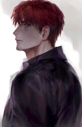 Rule 34 | 1boy, absurdres, black jacket, boony2789, facial hair, frown, highres, jacket, looking at viewer, male focus, original, red hair, short hair, solo, stubble, upper body
