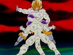 Rule 34 | 1990s (style), 2boys, alien, animated, animated gif, battle, boots, dragon ball, dragonball z, frieza, lowres, male focus, multiple boys, namek, red sky, topless male, sky, slapping, son goku, super saiyan, tail, violence