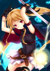 Rule 34 | 10s, 1girl, arms up, bad id, bad pixiv id, bardiche (nanoha), belt, black thighhighs, blonde hair, blush, cape, electricity, fate testarossa, fate testarossa (movie 1st form), gloves, hair ribbon, leotard, long hair, lyrical nanoha, mahou shoujo lyrical nanoha, mahou shoujo lyrical nanoha the movie 1st, nemo (piisukun), red eyes, ribbon, skirt, solo, thighhighs, twintails