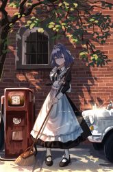 Rule 34 | 1girl, absurdres, alternate costume, apron, black bow, black bowtie, black dress, blue eyes, blue hair, bow, bowtie, brick wall, broom, car, chain, chain headband, dress, enmaided, hair between eyes, hair intakes, head chain, highres, holding, holding broom, hololive, hololive english, jewelry, jl tan, long sleeves, looking at viewer, maid, maid apron, motor vehicle, ouro kronii, outdoors, pantyhose, shoes, short hair, solo, virtual youtuber, white apron, white pantyhose
