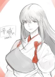 Rule 34 | 1girl, akagi (kancolle), artist name, breasts, closed mouth, commentary request, greyscale, hair between eyes, highres, japanese clothes, kantai collection, kimono, long hair, looking at viewer, masato (mirai koubou), monochrome, muneate, red ribbon, ribbon, smile, solo, spot color, tasuki, translated, upper body, white kimono