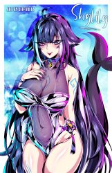 Rule 34 | 1girl, absurdres, ahoge, artist name, bare shoulders, bell, black hair, black nails, blue sky, body markings, breasts, cetacean tail, character name, cleavage, clothing cutout, collar, collarbone, covered collarbone, cowboy shot, defaultz, facial mark, female pubic hair, fins, fish tail, hand on own chest, heart, heart ahoge, highres, indie virtual youtuber, large breasts, long hair, multicolored hair, navel, neck bell, orca girl, pubic hair, pubic hair peek, purple collar, purple eyes, see-through, see-through cleavage, see-through one-piece swimsuit, shadow, shylily, side cutout, sky, sleeveless, streaked hair, swimsuit, tail, tongue, virtual youtuber, white hair