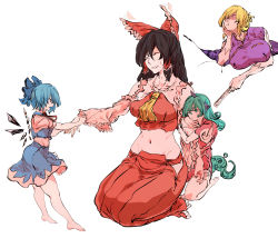 Rule 34 | 4girls, absurdres, adapted costume, alternate hairstyle, alternate sleeve length, aqua eyes, aqua hair, arm hug, ascot, barefoot, black hair, blonde hair, blue eyes, blue hair, blue nails, blue skirt, blue vest, bow, breasts, check commentary, cirno, closed eyes, clothes grab, cloud print, collarbone, commentary request, crop top, curly hair, detached sleeves, dress, fingernails, folded fan, folding fan, frilled bow, frilled hair tubes, frilled shirt collar, frilled skirt, frills, gap (touhou), gloves, green hair, grid, grin, groin, hair bow, hair bun, hair ribbon, hair tubes, hair up, hakama, hakama skirt, hakurei reimu, hand fan, highres, hip focus, hip vent, holding, holding fan, horns, huge breasts, ice, ice wings, japanese clothes, jealous, kariyushi shirt, kariyushi shorts, komano aunn, kyanduru, large breasts, legs, light blue hair, long hair, long skirt, looking at another, looking down, motion lines, multiple girls, nail polish, navel, nervous smile, outline, pointy ears, pout, profile, purple eyes, red nails, red ribbon, red shirt, ribbon, ribbon-trimmed sleeves, ribbon trim, seiza, shaded face, shirt, short hair, short sleeves, shorts, sidelocks, simple background, single hair bun, single horn, sitting, skirt, skirt set, sleeve grab, sleeveless, sleeveless shirt, smile, soles, stomach, sweatdrop, tabard, tail, talking, thighs, toenail polish, toenails, toes, touhou, tug, vest, white background, white dress, white gloves, white shirt, wide sleeves, wings, wolf tail, yakumo yukari, yellow ascot