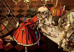 Rule 34 | 1girl, :p, absurdres, back bow, bird, birdcage, blonde hair, bow, box, cage, candle, candlestand, candy, chandelier, checkered floor, clothing cutout, commentary request, crystal, dead animal, doll, family portrait, fire, flandre scarlet, flower, food, frilled skirt, frills, from side, gift, gift box, grover.y, hair between eyes, halloween bucket, hat, hat ribbon, highres, indoors, izayoi sakuya, leaf, looking at viewer, looking to the side, medium hair, mirror, mob cap, no eyes, one side up, open mouth, patchouli knowledge, red bow, red eyes, red flower, red ribbon, red rose, red skirt, red vest, reflection, remilia scarlet, ribbon, rose, shirt, shoulder cutout, skirt, skirt set, skull, socks, solo, stuffed animal, stuffed toy, stuffing, table, teddy bear, tongue, tongue out, touhou, vest, white flower, white hat, white rose, white sleeves, white socks, wings, wrist cuffs