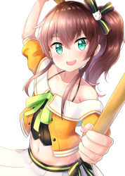 Rule 34 | 1girl, :d, aqua eyes, arm up, bare shoulders, black bow, black camisole, blush, bow, brown hair, camisole, cat hair ornament, collarbone, dual wielding, green bow, hair between eyes, hair ornament, highres, holding, hololive, jacket, long hair, looking at viewer, midriff, nail polish, natsuiro matsuri, natsuiro matsuri (1st costume), navel, off-shoulder jacket, off shoulder, open mouth, orange jacket, pink nails, pinstripe camisole, pinstripe pattern, pleated skirt, puffy short sleeves, puffy sleeves, short sleeves, side ponytail, sidelocks, simple background, skirt, smile, solo, striped, striped bow, striped camisole, sylphine, teeth, twitter username, upper teeth only, vertical stripes, virtual youtuber, white background, white skirt