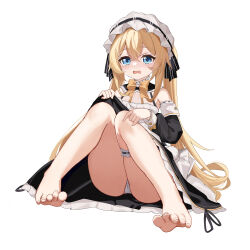 Rule 34 | 1girl, absurdres, barefoot, blonde hair, blue eyes, blush, bow, bowtie, detached sleeves, feet, frilled headwear, hair between eyes, highres, kakyouin2002, knees together feet apart, knees up, legs, looking at viewer, open mouth, original, panties, sidelocks, simple background, sitting, solo, spread toes, thigh strap, toenails, toes, underwear, white background, white panties, yellow bow, yellow bowtie