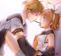 Rule 34 | 1boy, 1girl, backlighting, blonde hair, blue eyes, blush, bow, brother and sister, detached sleeves, eye contact, food, food in mouth, hair ornament, hairband, hairclip, incest, kagamine len, kagamine rin, looking at another, mouth hold, pocky, pocky day, pocky kiss, sailor collar, shared food, short hair, shorts, siblings, sidelocks, sie2r, twins, vocaloid, white background, white bow