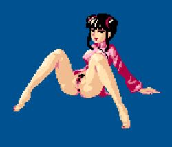 Rule 34 | 1girl, anus, arm support, barefoot, black eyes, black hair, blue background, china dress, chinese clothes, double bun, dress, eyeshadow, hair bun, lady master of kung fu, long sleeves, looking at viewer, makeup, no panties, open clothes, open dress, pink dress, pixel art, pubic hair, pussy, red lips, saiwai hiroshi, short hair, sidelocks, sitting, smile, spread legs, taito