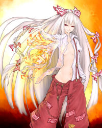Rule 34 | 1girl, bow, breasts, dress shirt, female focus, fire, fujiwara no mokou, gradient background, hair bow, hand in pocket, highres, ise (0425), long hair, navel, no bra, open clothes, open shirt, pants, red eyes, shirt, silver hair, small breasts, smile, solo, suspenders, torn clothes, touhou, very long hair