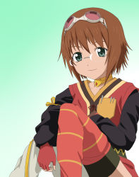 Rule 34 | 1girl, brown hair, choker, closed mouth, glasses, gloves, goggles, goggles on head, green eyes, looking at viewer, rita mordio, short hair, simple background, smile, solo, tales of (series), tales of vesperia, thighhighs, yoshida keiji