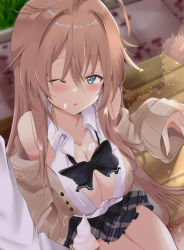 Rule 34 | 1girl, ahoge, azur lane, blue eyes, breasts, brown hair, cleavage, collarbone, commentary request, food, food on face, hair between eyes, highres, ice cream, impero (azur lane), impero (languid librarian) (azur lane), large breasts, looking at viewer, one eye closed, school uniform, sitting, solo focus, tonchinkan