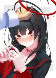 Rule 34 | 1boy, 1girl, absurdres, antenna hair, bags under eyes, black hair, black shirt, blue archive, blush, breasts, cheru blac, cleavage, collarbone, halo, hand on another&#039;s head, hetero, highres, index fingers together, looking at another, melting halo, neckerchief, red eyes, red halo, red neckerchief, school uniform, sensei (blue archive), serafuku, shirt, simple background, sparkle, tsurugi (blue archive), two-tone background, upper body