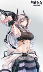Rule 34 | 1girl, absurdres, arknights, armband, armpits, arms up, bare arms, bare shoulders, breasts, brz, closed eyes, commentary, copyright name, cowboy shot, crop top, grey background, grey pants, helmet, highres, horns, infection monitor (arknights), large breasts, long hair, material growth, midriff, mudrock (arknights), mudrock (elite ii) (arknights), navel, oripathy lesion (arknights), pants, parted lips, sarashi, silver hair, solo, sports bra, standing, stomach, sweat, symbol-only commentary, unworn headwear, unworn helmet