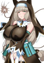 Rule 34 | 1girl, bare shoulders, blonde hair, bombergirl, braid, breasts, brown legwear, brown sleeves, commentary request, detached sleeves, covered erect nipples, garter straps, green eyes, highres, komusou (jinrikisha), large breasts, long hair, looking at viewer, necktie, ribbed sweater, sepia belmont, simple background, smile, solo, sweater, thighs, very long hair, white background, zipper