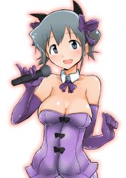 Rule 34 | 1girl, :d, animal ears, bare shoulders, breasts, cat ears, cleavage, collarbone, detached collar, elbow gloves, gloves, green eyes, green hair, hair ornament, hidamari sketch, holding, kagami uekusa, matching hair/eyes, microphone, neck ribbon, nori (hidamari sketch), open mouth, outline, pinky out, purple gloves, ribbon, short hair, short twintails, smile, solo, twintails, white background
