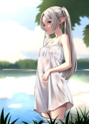 Rule 34 | 1girl, bare shoulders, blush, breasts, cleavage, commentary request, covered erect nipples, dress, drop earrings, earrings, frieren, green eyes, highres, jewelry, long hair, looking at viewer, osuzu akiomi, outdoors, parted bangs, partially submerged, pointy ears, river, semi-transparent, sleeveless, sleeveless dress, small breasts, smile, solo, sousou no frieren, twintails, wet, wet clothes, wet dress, white dress, white hair