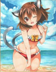 Rule 34 | 1girl, ;d, adapted costume, animal ears, beach, bikini, bow, bow bikini, breasts, brown hair, cat ears, cat tail, chen, cleavage, cloud, cloudy sky, collarbone, cowboy shot, day, earrings, fang, frilled bikini, frills, gluteal fold, groin, hair between eyes, highres, jewelry, looking at viewer, mary0524, multiple tails, navel, nekomata, ocean, one eye closed, open mouth, outdoors, photo (medium), red eyes, short hair, sky, small breasts, smile, solo, swimsuit, tail, tareme, thighs, touhou, traditional media, two tails, yellow bow