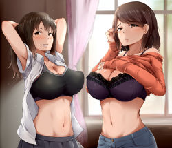 Rule 34 | 2girls, :d, :o, armpit peek, arms up, bare shoulders, blush, bra, breasts, brown eyes, brown hair, cleavage, clothes lift, collared shirt, curtains, denim, dress shirt, grey skirt, grin, hair between eyes, half-closed eyes, hand on own chest, hand up, indoors, jeans, lace, lace-trimmed bra, lace trim, large breasts, long hair, long sleeves, looking at viewer, medium hair, moruta (sunu-pio), multiple girls, navel, nose blush, off-shoulder, off-shoulder sweater, off shoulder, open mouth, orange sweater, original, pants, pleated skirt, ponytail, purple bra, shirt, siblings, sisters, skirt, sleeves past wrists, smile, sports bra, stomach, sweater, sweater lift, swept bangs, teeth, underwear, upper body, white shirt, window, wing collar