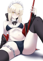 Rule 34 | 1girl, absurdres, alternate costume, arm support, artoria pendragon (alter swimsuit rider) (fate), artoria pendragon (alter swimsuit rider) (second ascension) (fate), artoria pendragon (fate), black bow, blonde hair, blush, bow, breasts, cameltoe, collar, constricted pupils, detached collar, enmaided, fate/grand order, fate (series), frilled collar, frills, groin tendon, hair between eyes, hair bow, highres, jacket, jacket over swimsuit, light blush, looking at viewer, maid, navel, nose blush, off shoulder, shidou (x 2903), small breasts, solo, swimsuit, thighhighs, thighs, white background