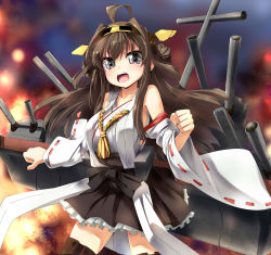 Rule 34 | 10s, 1girl, bare shoulders, black thighhighs, blush, boots, brown hair, detached sleeves, double bun, grey eyes, grune, hair bun, heart, kantai collection, kongou (kancolle), long hair, nontraditional miko, one eye closed, pleated skirt, ribbon-trimmed sleeves, ribbon trim, skirt, solo, thigh boots, thighhighs, tongue, tongue out, wink, zettai ryouiki