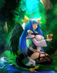 Rule 34 | 1girl, animal, artist name, asymmetrical wings, bad id, bad pixiv id, bare shoulders, belt, black panties, blue hair, blush, breasts, bug, butterfly, choker, cleavage, cleavage cutout, clothing cutout, detached sleeves, dizzy (guilty gear), forest, grass, guilty gear, guilty gear xrd, hair between eyes, hair ribbon, hair rings, high heels, highres, holding, holding animal, insect, large breasts, long hair, lunariavi, monster girl, nature, panties, red eyes, ribbon, river, signature, sitting, solo, squirrel, sunlight, tail, tail ornament, tail ribbon, thick thighs, thigh strap, thighhighs, thighs, tree, twintails, underwear, wings, yellow ribbon