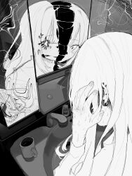 Rule 34 | 1girl, absurdres, bathroom, cup, different reflection, ear piercing, greyscale, hanataro (sruvhqkehy1zied), hand on own head, highres, indoors, long hair, long sleeves, mirror, monochrome, mug, original, parted lips, piercing, reflection, sink, sparkle, sweat, tears, upper body