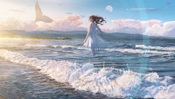 Rule 34 | 1girl, absurdres, banishment, beach, brown hair, cetacean tail, cloud, dress, fins, fish tail, highres, long hair, moon, original, sand, scenery, sky, solo, standing, tail, wading, water, waves, whale, whale tail (clothing)