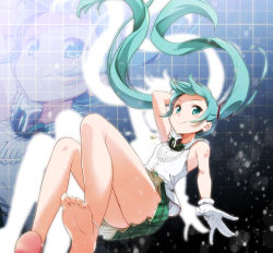 Rule 34 | 1girl, anklet, barefoot, feet, floating hair, gloves, green eyes, green hair, hatsune miku, jewelry, konoe (vis9191), long hair, looking at viewer, matching hair/eyes, necklace, skirt, smile, soles, solo, toes, twintails, vocaloid, zoom layer