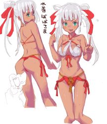 Rule 34 | 1girl, alpha (katz332), ass, blush, bra, breasts, commentary request, dark skin, green eyes, hair ribbon, heart, index finger raised, long hair, looking at viewer, medium breasts, multiple views, navel, open mouth, oshiro project:re, oshiro project:re, panties, red panties, red ribbon, ribbon, simple background, smile, standing, sweatdrop, twintails, underwear, utsunomiya (oshiro project), white background, white bra, white hair
