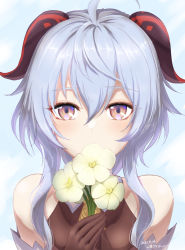 Rule 34 | 1girl, ahoge, bare shoulders, blue hair, blush, close-up, covering own mouth, dated, detached sleeves, flower, ganyu (genshin impact), genshin impact, holding, holding flower, horns, long hair, looking at viewer, purple eyes, qingxin flower, sidelocks, solo, upper body, white flower, yamamoto arifred