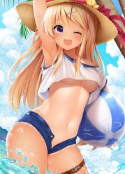 Rule 34 | 1girl, ;d, arm up, armpits, ball, beachball, blonde hair, blue shorts, blue sky, blush, bow, breasts, brown hat, carrying, carrying under arm, cloud, cloudy sky, collarbone, crop top, day, flower, hair ornament, hairclip, hat, hat bow, hat flower, highres, kin-iro mosaic, kujou karen, long hair, looking at viewer, medium breasts, minato ojitan, navel, off shoulder, one-piece tan, one eye closed, open clothes, open fly, open mouth, open shorts, outdoors, palm tree, purple eyes, red bow, shirt, short shorts, short sleeves, shorts, sky, smile, solo, straw hat, tan, tanline, thigh strap, tree, underboob, very long hair, white shirt, x hair ornament, yellow flower
