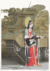 Rule 34 | 1girl, absurdly long hair, barefoot, black hair, border, closed mouth, electric guitar, fender stratocaster, flower, guitar, hair flower, hair ornament, halo, highres, instrument, jewelry, long hair, long skirt, long sleeves, looking at viewer, military, military vehicle, motor vehicle, necklace, nekohara peninsula, original, red skirt, skirt, solo, standing, tank, very long hair, white border