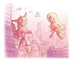 Rule 34 | animal ears, artist name, blonde hair, cat ears, cat girl, cat tail, city, crisis, destruction, felarya, giant, giantess, karbo, lamia, leotard, looking at another, monster girl, nipples, nude, pussy, tail
