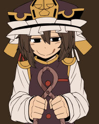 Rule 34 | 1girl, :q, alternate eye color, alternate hair color, bags under eyes, black eyes, breasts, brown background, brown hair, buttons, closed mouth, commentary request, epaulettes, frilled hat, frills, grey hat, grey vest, hair between eyes, hat, highres, holding pliers, kuri dora, long bangs, long sleeves, looking at viewer, pliers, shiki eiki, shirt, short hair, simple background, small breasts, smile, solo, tongue, tongue out, touhou, upper body, vest, white shirt