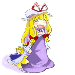 Rule 34 | 1girl, ^ ^, blonde hair, blush stickers, bow, character doll, closed eyes, dress, elbow gloves, closed eyes, full body, gloves, hair bow, happy, hat, hat ribbon, long hair, mob cap, purple dress, ribbon, sape (saperon black), sidelocks, simple background, sketch, smile, solo, touhou, very long hair, white background, white gloves, yakumo ran, yakumo yukari, yakumo yukari (young), aged down