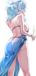 Rule 34 | 1girl, ako (blue archive), ako (dress) (blue archive), ass, backless dress, backless outfit, bare arms, bare back, bare shoulders, blue archive, blue dress, blue hair, bracelet, breasts, butt crack, champagne flute, commentary request, cowboy shot, cup, dress, drinking glass, earrings, hand up, highres, holding, holding cup, jewelry, large breasts, long hair, nail polish, purple nails, simple background, sleeveless, sleeveless dress, solo, standing, thighs, uenoryoma, white background