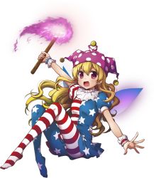 Rule 34 | 1girl, american flag dress, american flag legwear, american flag shirt, ayami chiha, blonde hair, clownpiece, fairy wings, full body, hat, holding, jester cap, looking at viewer, open mouth, pantyhose, red eyes, short sleeves, smile, solo, torch, touhou, transparent background, wings, wristband