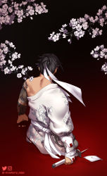 Rule 34 | 1boy, bad id, bad twitter id, black hair, cherry blossoms, commentary, flower, hanzo (overwatch), highres, holding, holding sword, holding weapon, japanese clothes, kimono, long hair, male focus, overwatch, overwatch 1, ponytail, solo, strawberry napa, sword, tattoo, weapon