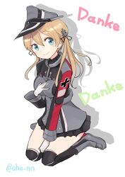 Rule 34 | 1girl, ahenn, black skirt, black thighhighs, blonde hair, blue eyes, blush, breasts, closed mouth, full body, gloves, grey hat, hair between eyes, hat, kantai collection, large breasts, long hair, long sleeves, low twintails, military uniform, miniskirt, peaked cap, pleated skirt, prinz eugen (kancolle), rudder footwear, simple background, skirt, smile, solo, thighhighs, twintails, twitter username, uniform, white background, white gloves