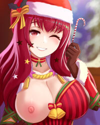 Rule 34 | 1girl, bell, breasts, candy, candy cane, christmas, ciderwrath, cleavage, fire emblem, fire emblem engage, food, hat, large areolae, large breasts, looking at viewer, nintendo, one breast out, one eye closed, red hair, santa hat, smile, upper body, wink, yunaka (fire emblem)
