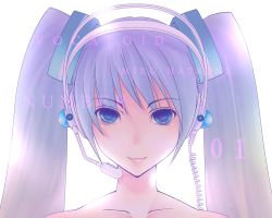 Rule 34 | 1girl, amase (siki696), blue eyes, blue hair, female focus, hatsune miku, headset, highres, matching hair/eyes, simple background, solo, twintails, vocaloid, white background