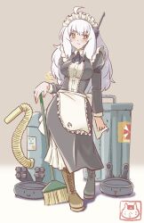 Rule 34 | 1girl, ahoge, alternate costume, apron, black dress, breasts, cross-laced footwear, dress, drooling, enmaided, goddess of victory: nikke, headgear, highres, holding, large breasts, long hair, maid, maid headdress, saliva, snow white (nikke), solo, stupidleon2, white apron, white hair, yellow eyes