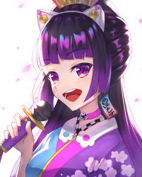 Rule 34 | 1girl, cherry blossoms, choker, edo lena, fingernails, floral print, highres, holding, holding microphone, indie virtual youtuber, japanese clothes, kimono, long hair, masaki (msk064), microphone, nail polish, open mouth, petals, pink choker, purple eyes, purple hair, purple nails, solo, virtual youtuber, white background