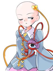 Rule 34 | 1girl, bald, bald girl, black eyes, black hairband, blouse, blue shirt, blush, breasts, closed mouth, commentary, eyeball, frilled shirt collar, frills, hairband, half-closed eyes, heart, itatatata, komeiji satori, long sleeves, one eye closed, pink hair, pink skirt, shirt, short hair, simple background, skirt, small breasts, solo, standing, symbol-only commentary, third eye, touhou, what, white background, wide sleeves, zun (style)