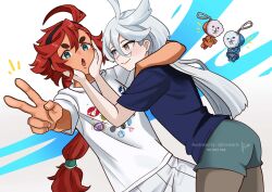 Rule 34 | 2girls, absurdres, ahoge, chestnut mouth, cool (gundam suisei no majo), green eyes, grey eyes, gundam, gundam suisei no majo, hairband, hands on another&#039;s face, highres, hots (gundam suisei no majo), jhorliearts, long hair, looking at another, looking at viewer, miorine rembran, multiple girls, open mouth, ponytail, red hair, shirt, shorts, simple background, smile, suletta mercury, t-shirt, thick eyebrows, v, white hair, yuri