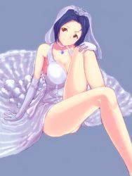 Rule 34 | 1girl, arm support, blue hair, breasts, bridal veil, choker, cleavage, crown, dress, elbow gloves, gloves, hugging own legs, idolmaster, idolmaster (classic), jewelry, large breasts, legs, long legs, miura azusa, pendant, q (ed69), red eyes, short hair, simple background, sitting, smile, solo, thighs, veil, wedding dress